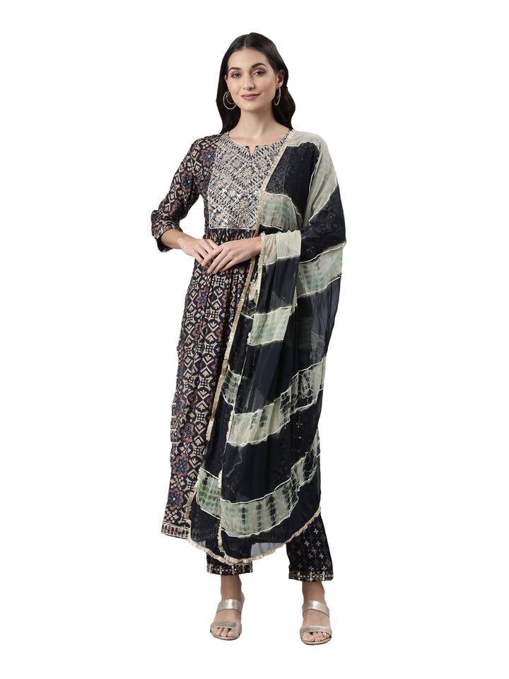 Neerus Navy Blue Regular Knee Length Printed Kurta Printed Trousers With Dupatta