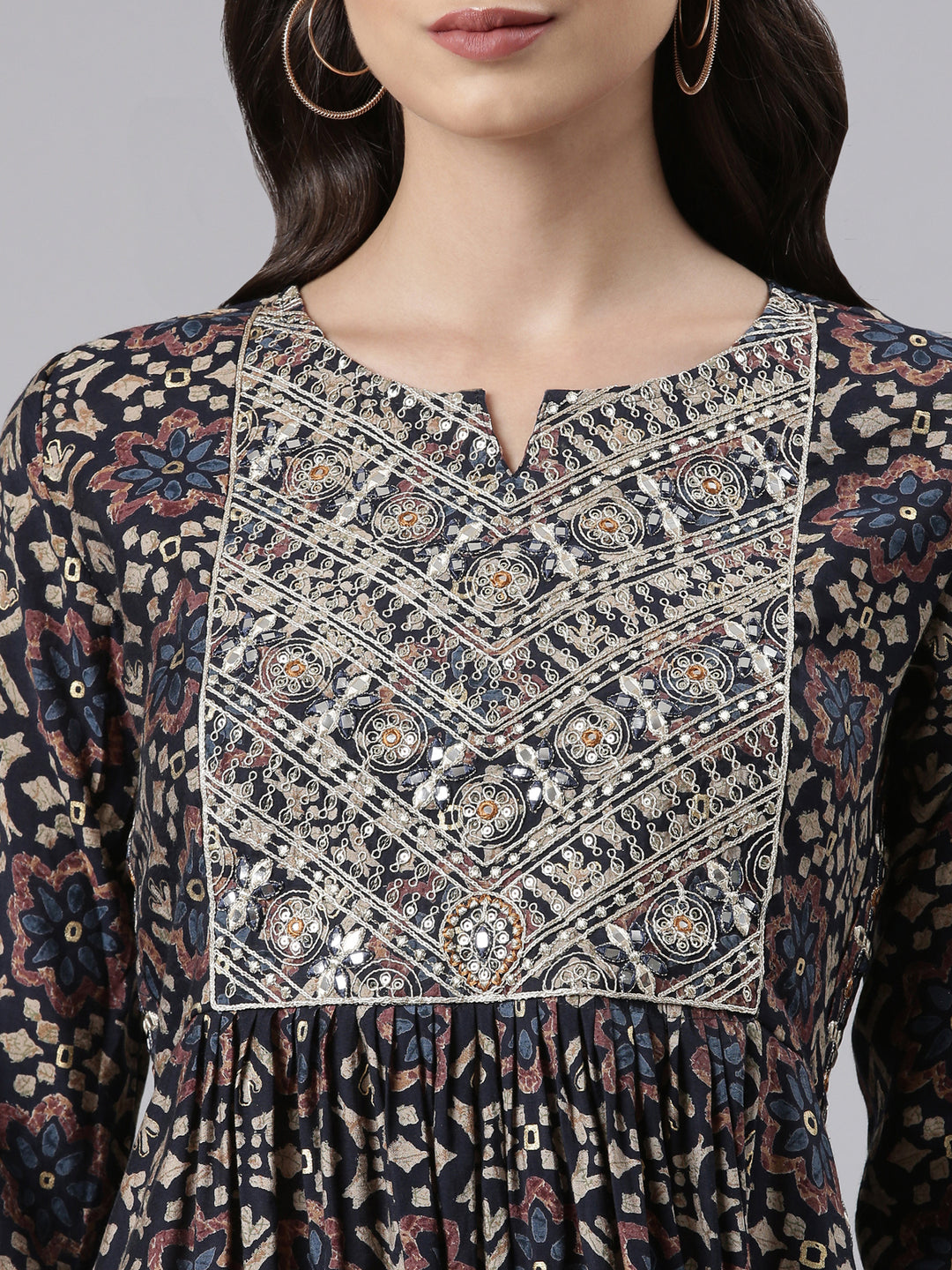 Neerus Navy Blue Regular Knee Length Printed Kurta Printed Trousers With Dupatta