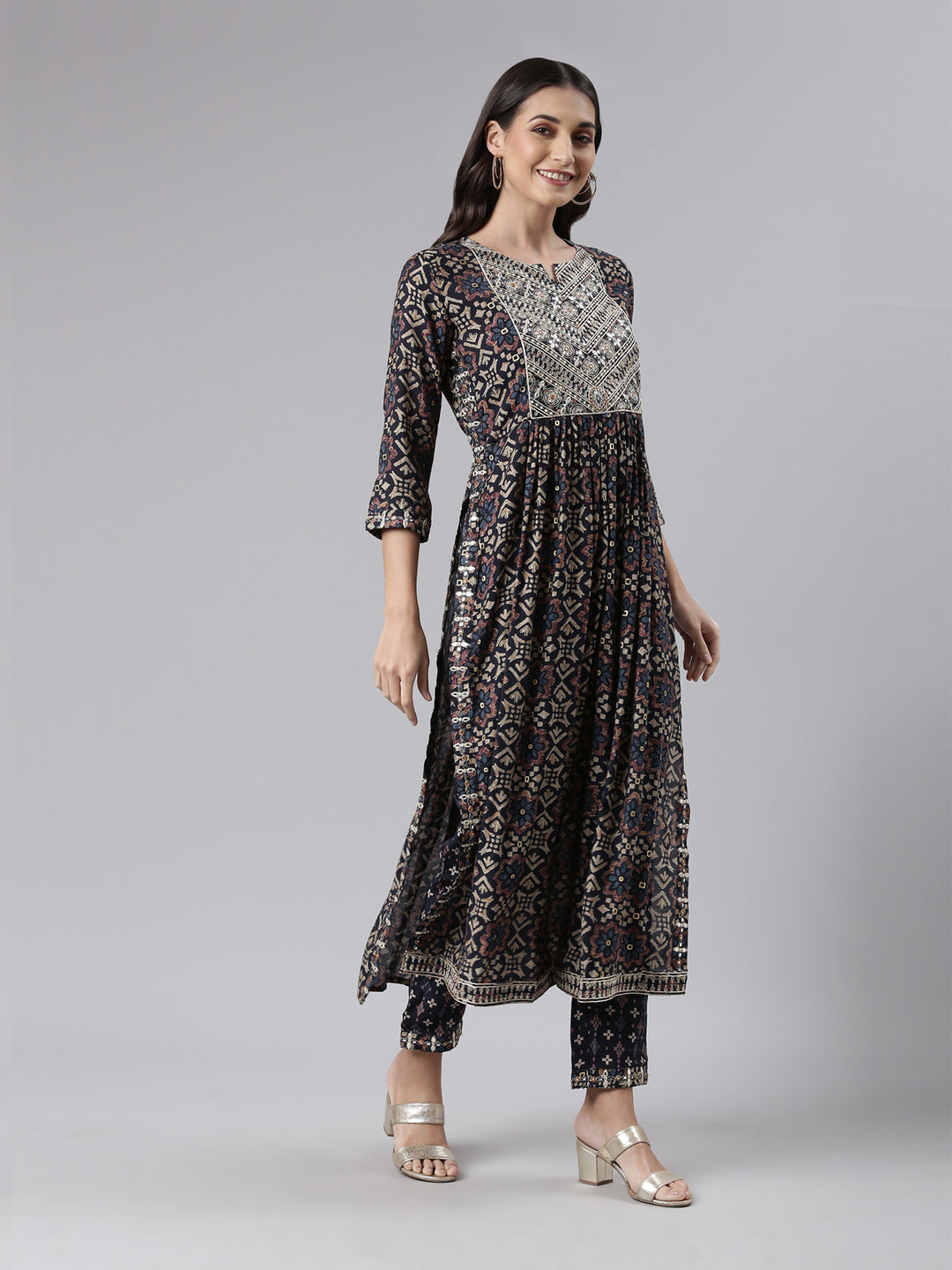 Neerus Navy Blue Regular Knee Length Printed Kurta Printed Trousers With Dupatta