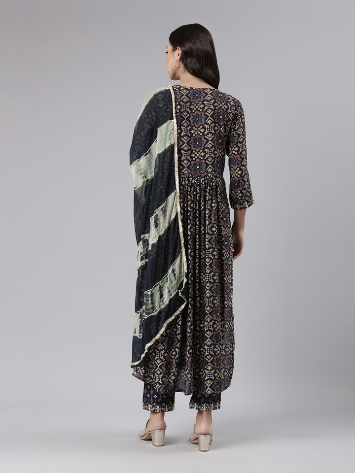 Neerus Navy Blue Regular Knee Length Printed Kurta Printed Trousers With Dupatta