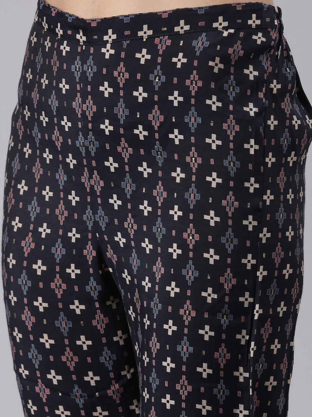 Neerus Navy Blue Regular Knee Length Printed Kurta Printed Trousers With Dupatta