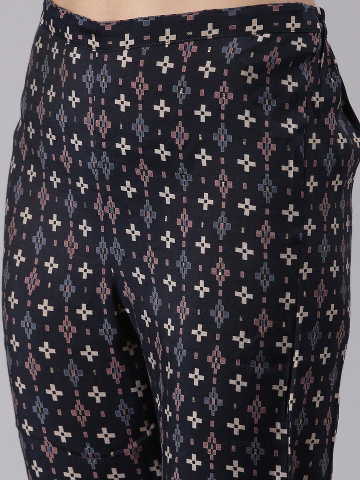 Neerus Navy Blue Regular Knee Length Printed Kurta Printed Trousers With Dupatta