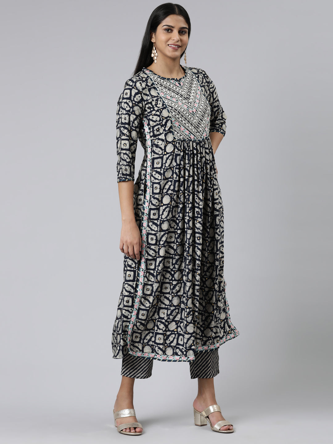 Neerus Blue Viscose Rayon Printed Kurta Set with Trouser and Dupatta - back view
