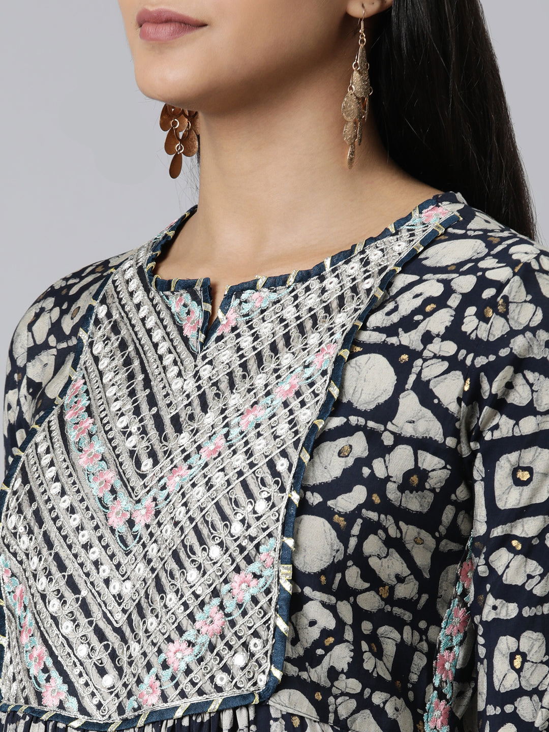 Neerus Blue Viscose Rayon Printed Kurta Set with Trouser and Dupatta - detail view 1