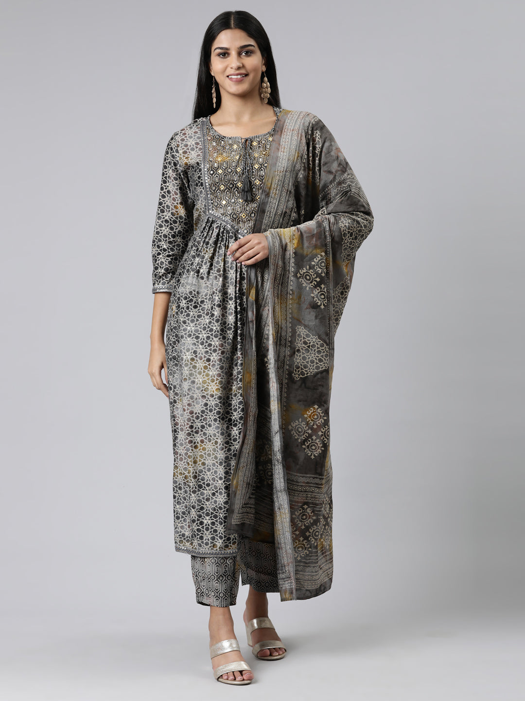 Neerus Grey Regular Calf Length Printed Kurta Printed Trousers With Dupatta