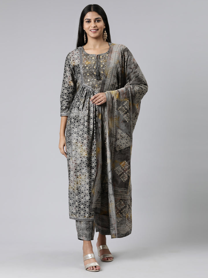 Neerus Grey Regular Calf Length Printed Kurta Printed Trousers With Dupatta
