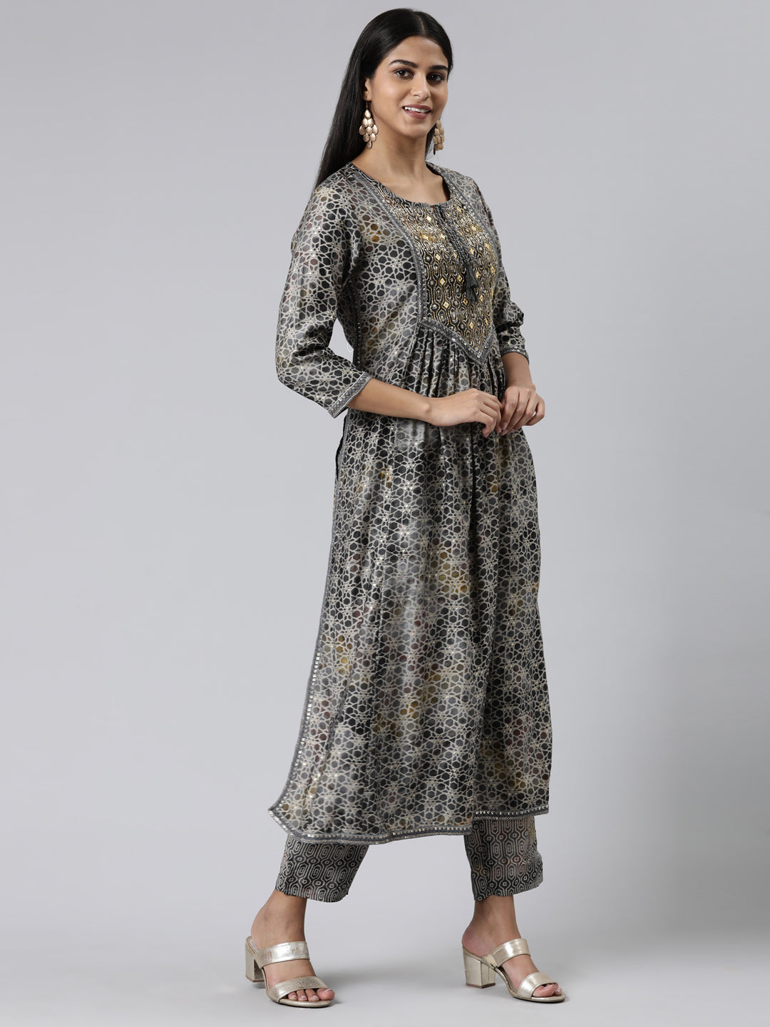 Neerus Grey Regular Calf Length Printed Kurta Printed Trousers With Dupatta