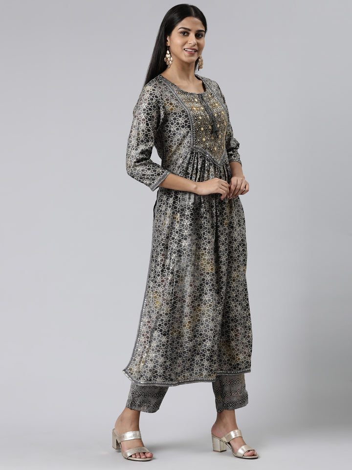 Neerus Grey Regular Calf Length Printed Kurta Printed Trousers With Dupatta