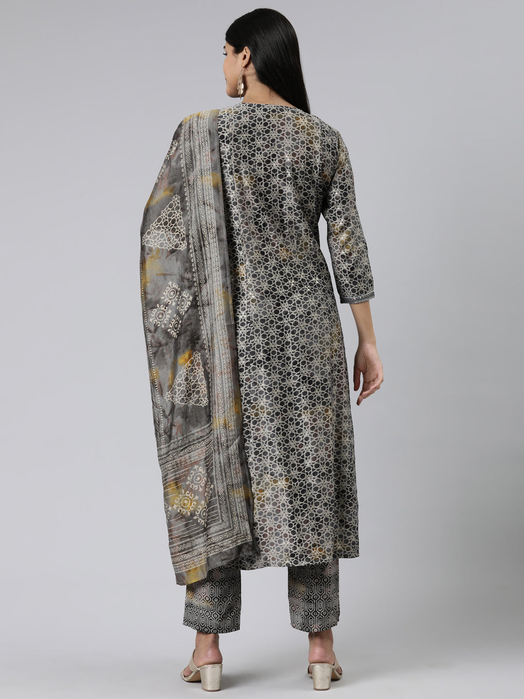 Neerus Grey Regular Calf Length Printed Kurta Printed Trousers With Dupatta