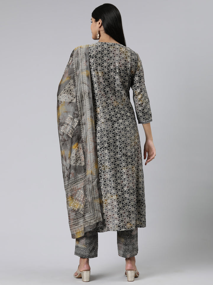 Neerus Grey Regular Calf Length Printed Kurta Printed Trousers With Dupatta