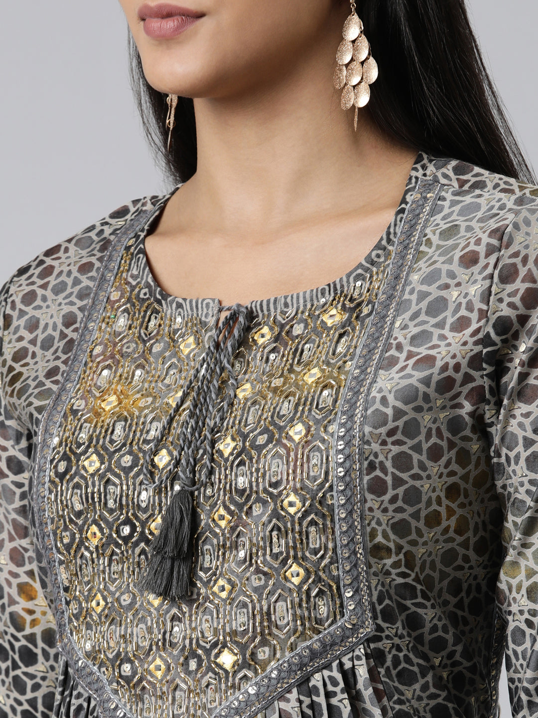 Neerus Grey Regular Calf Length Printed Kurta Printed Trousers With Dupatta