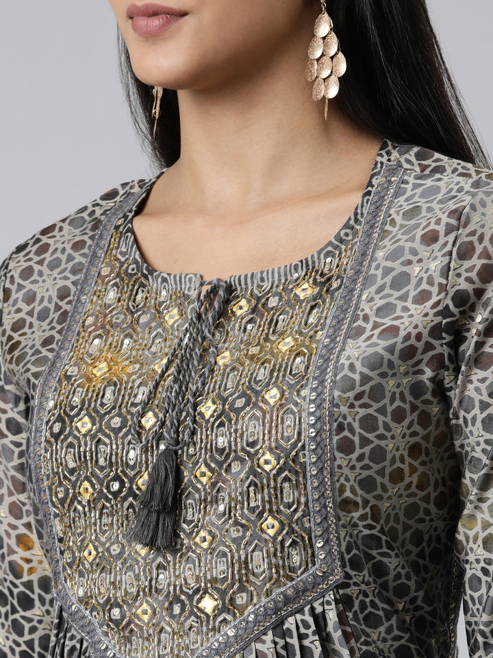 Neerus Grey Regular Calf Length Printed Kurta Printed Trousers With Dupatta