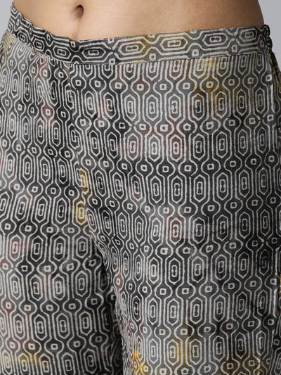 Neeru's Grey Regular Calf Length Printed Kurta Printed Trousers With Dupatta