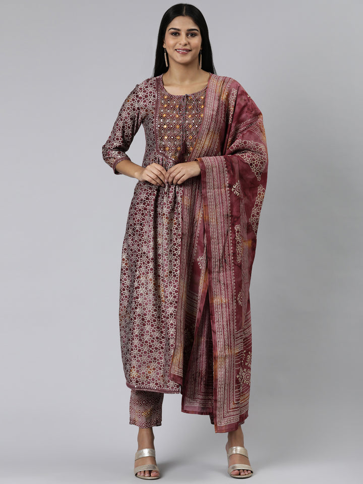 Neerus Pink Viscose Rayon Printed Anarkali Kurta Set - front view