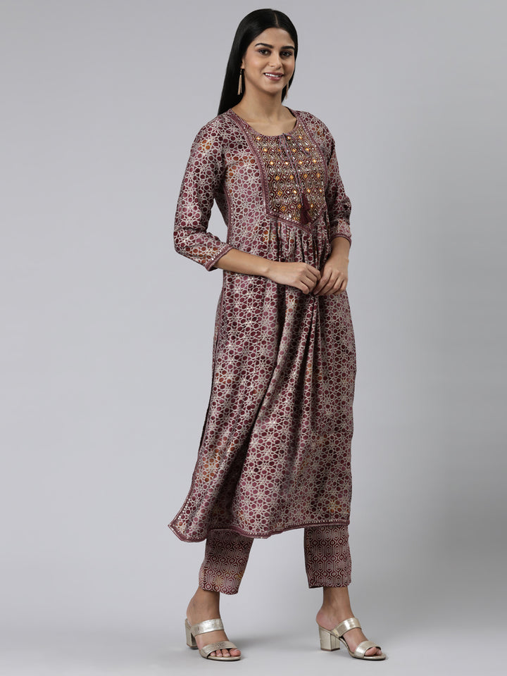 Neerus Pink Viscose Rayon Printed Anarkali Kurta Set - back view