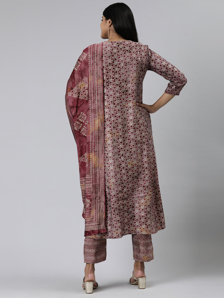 Neerus Pink Viscose Rayon Printed Anarkali Kurta Set - side view