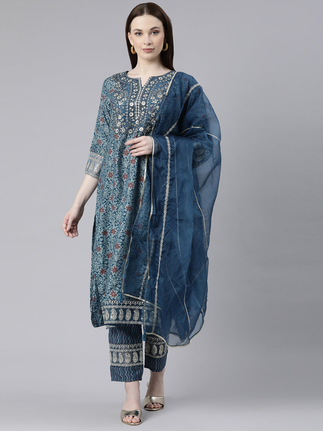 Neerus Blue Regular Knee Length Printed Readymade Suits