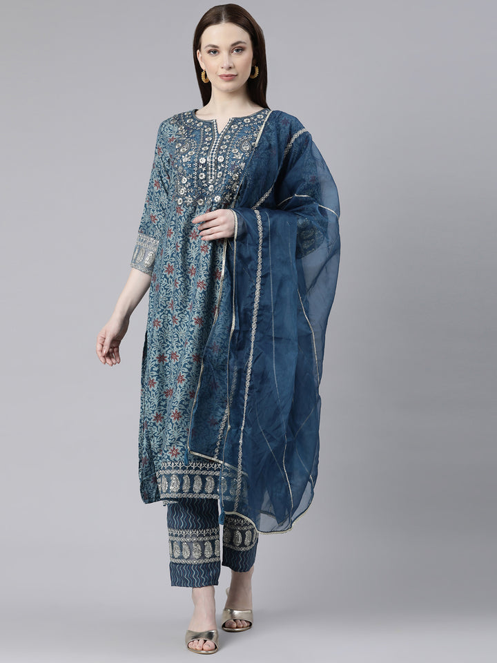 Neerus Blue Regular Knee Length Printed Readymade Suits