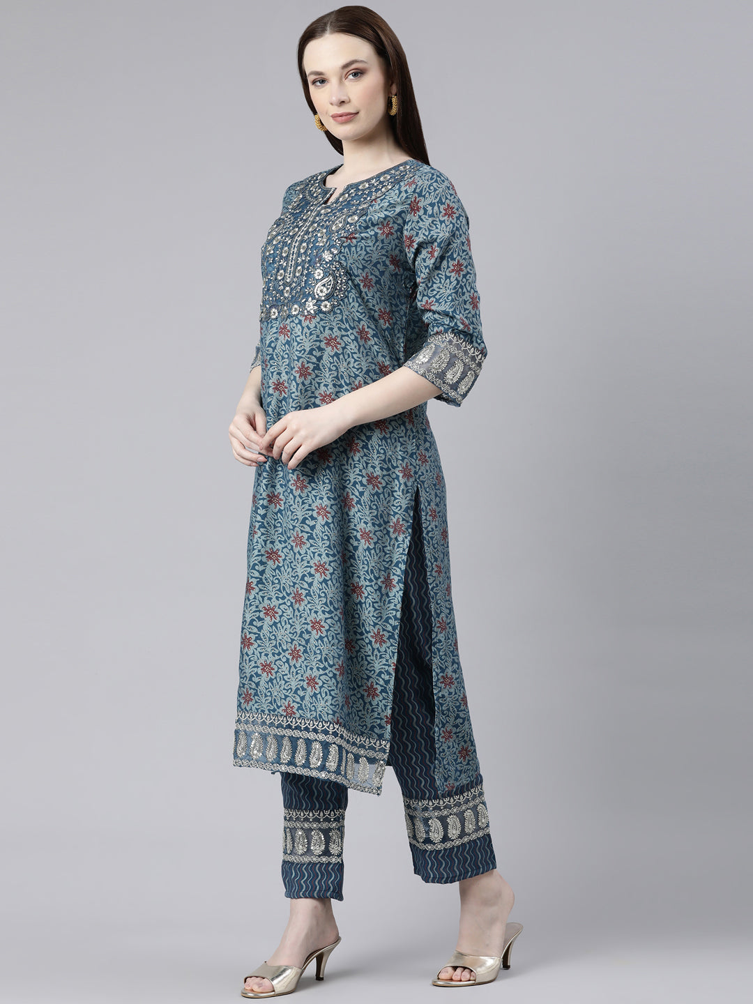Neerus Blue Regular Knee Length Printed Readymade Suits