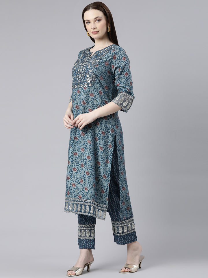 Neerus Blue Regular Knee Length Printed Readymade Suits