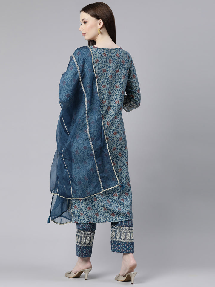 Neerus Blue Regular Knee Length Printed Readymade Suits