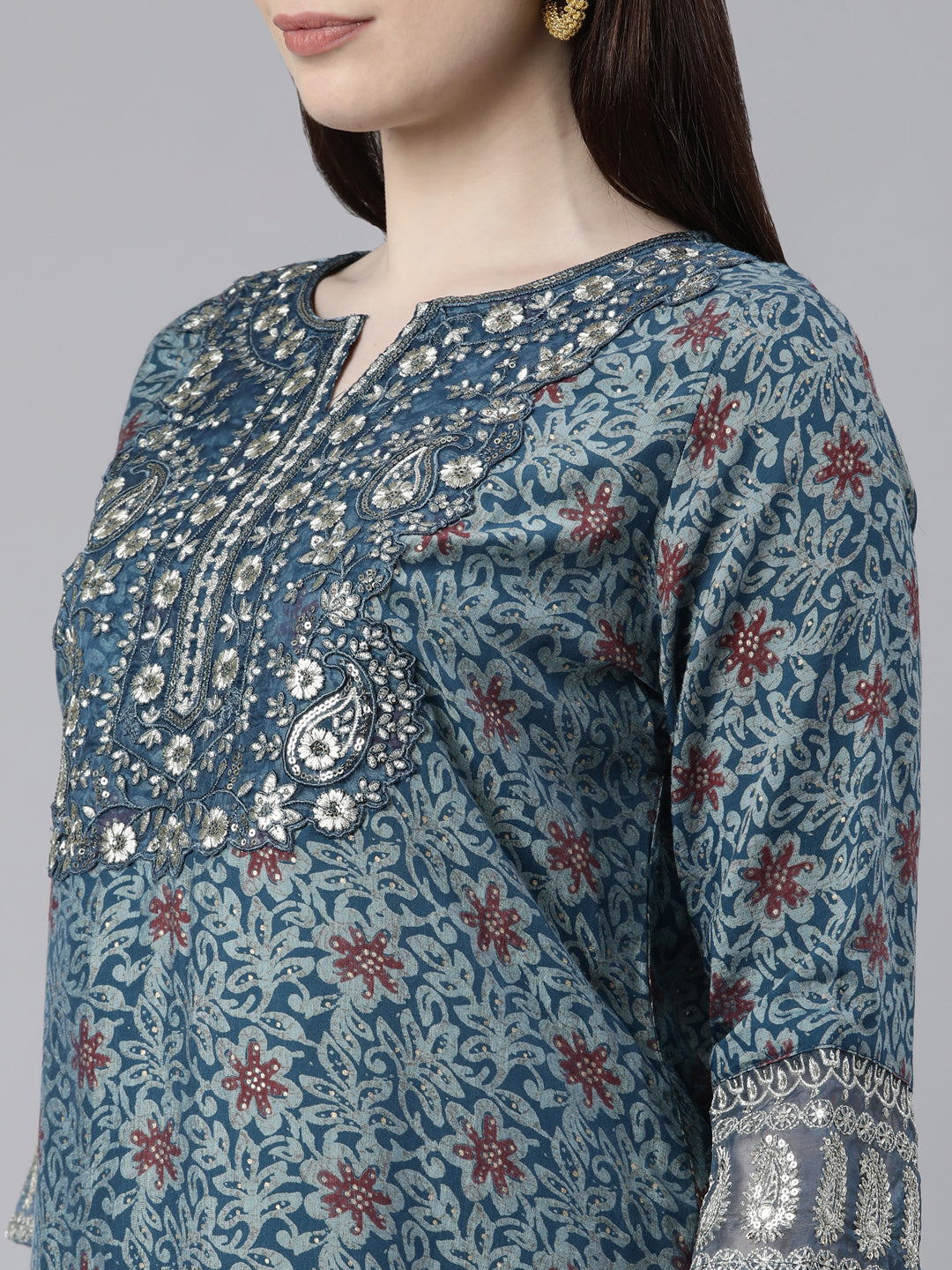 Neerus Blue Regular Knee Length Printed Readymade Suits