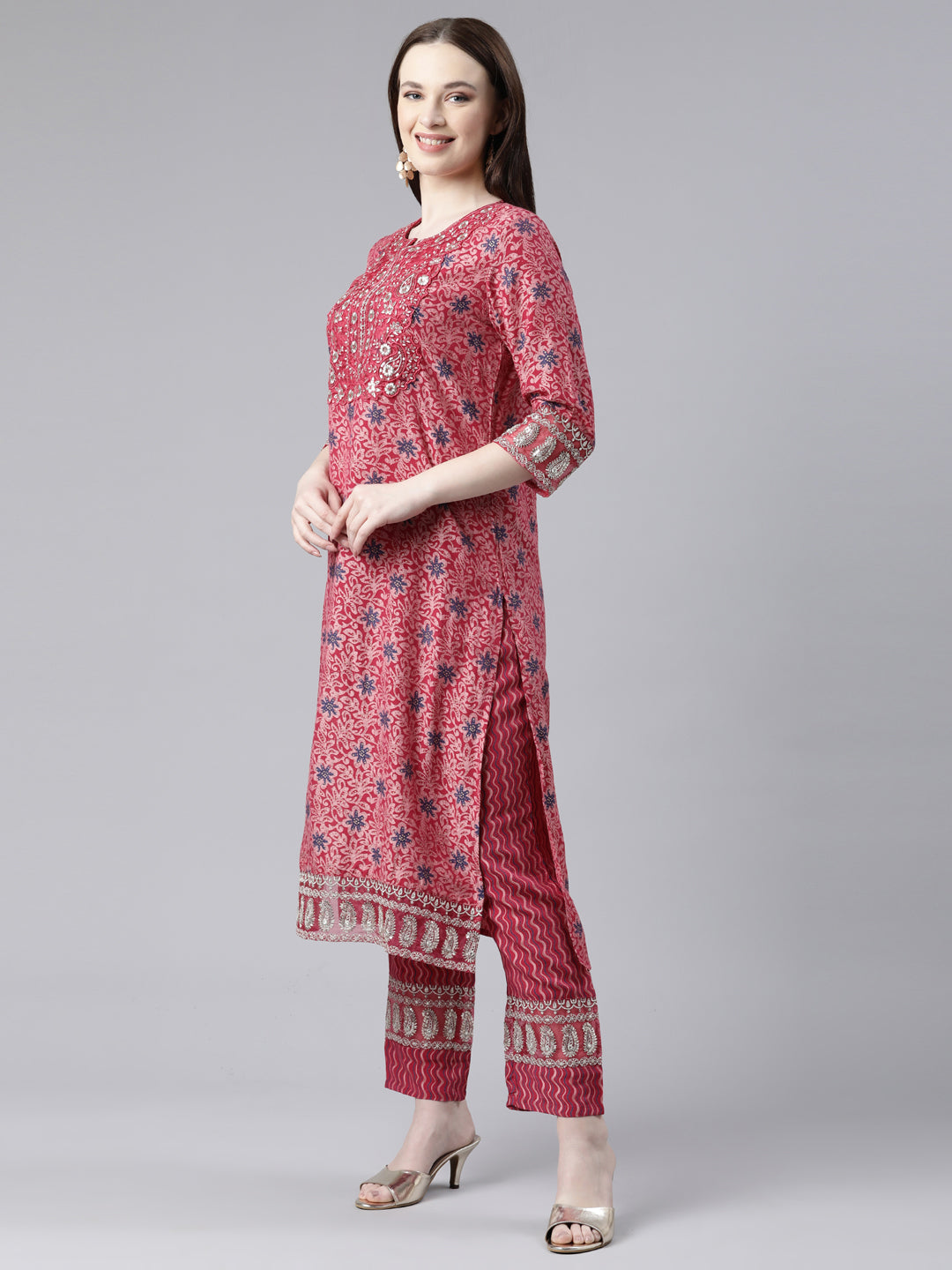 Neerus Pink Shantoon Printed Kurta Set with Trouser and Dupatta - back view