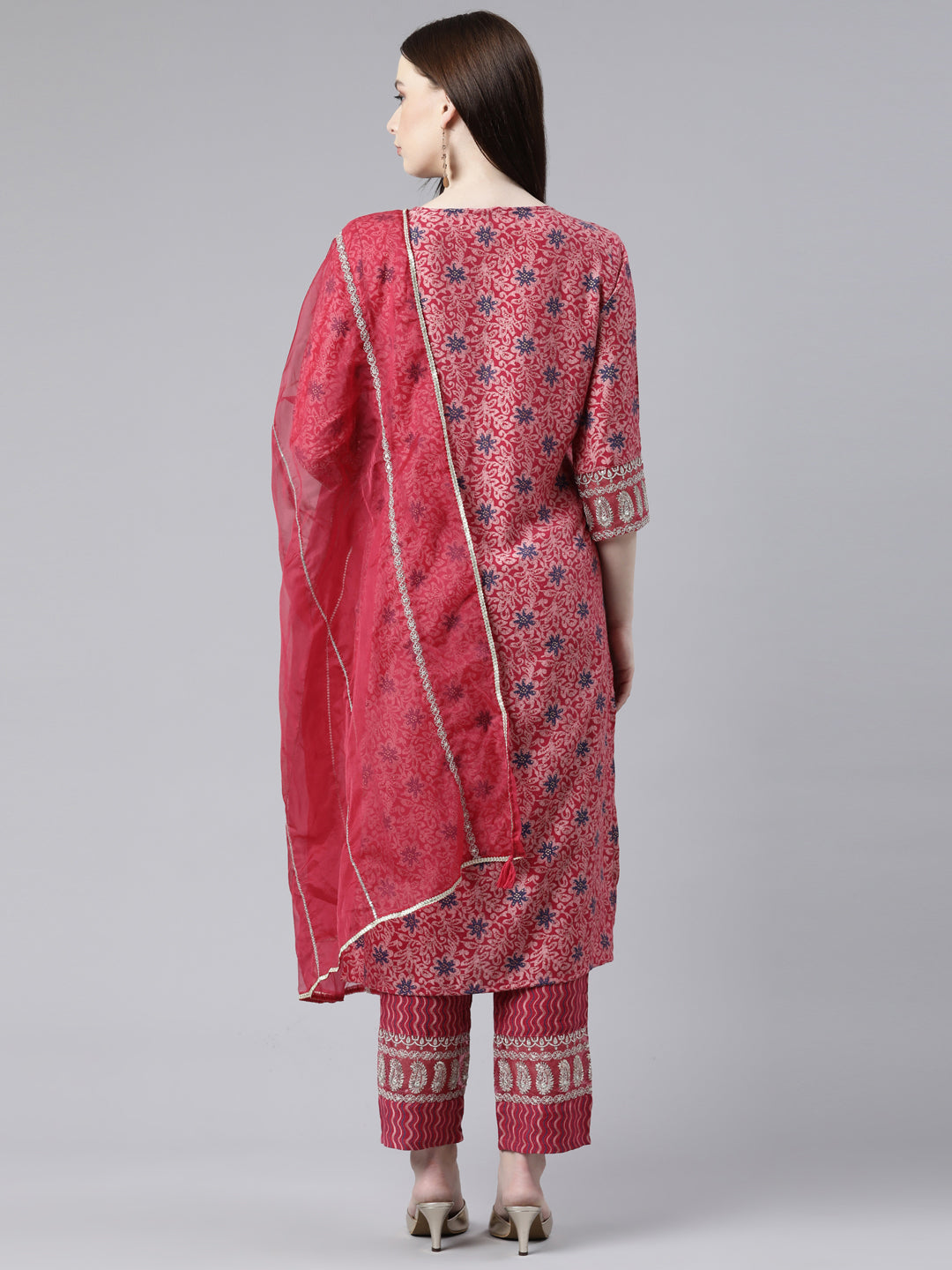 Neerus Pink Shantoon Printed Kurta Set with Trouser and Dupatta - side view