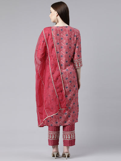 Neerus Pink Regular Knee Length Printed Kurta Printed Trousers With Dupatta