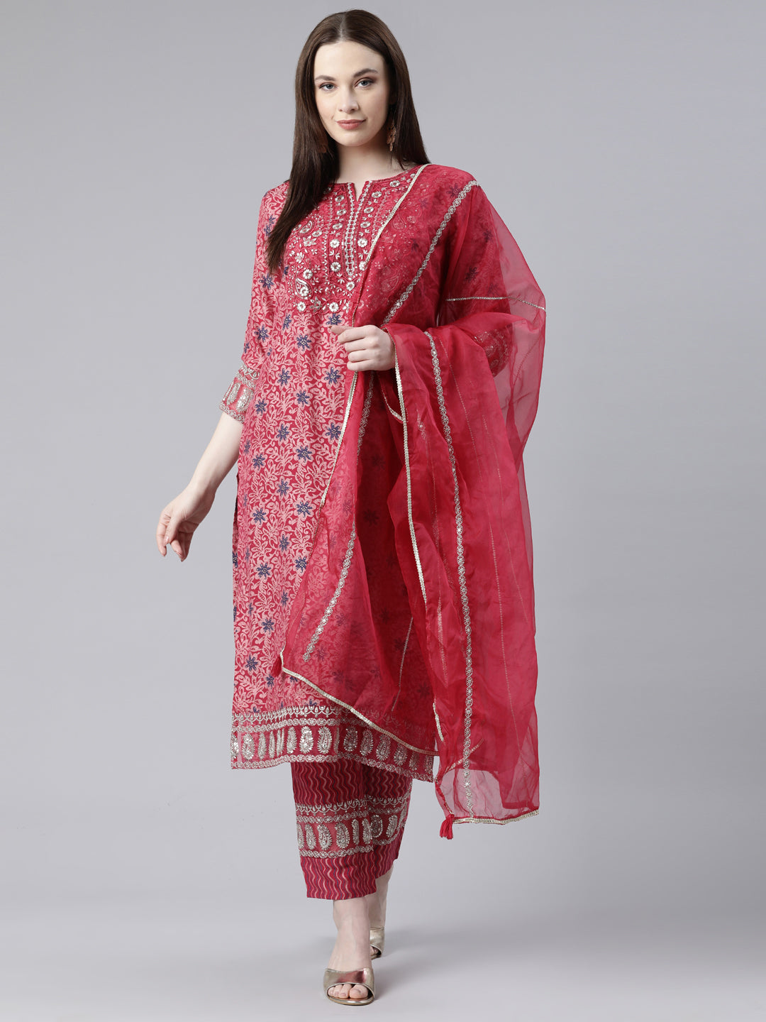 Neerus Pink Shantoon Printed Kurta Set with Trouser and Dupatta - front view