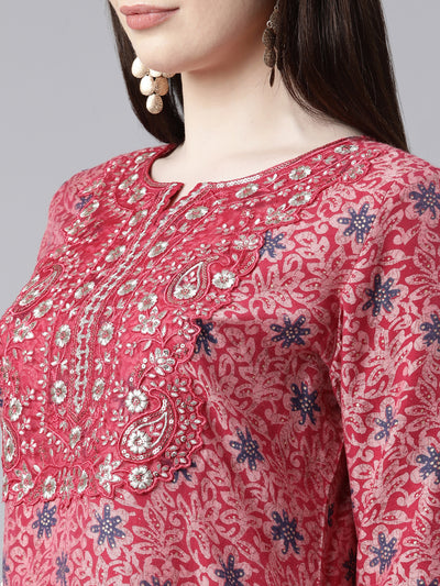 Neerus Pink Regular Knee Length Printed Kurta Printed Trousers With Dupatta