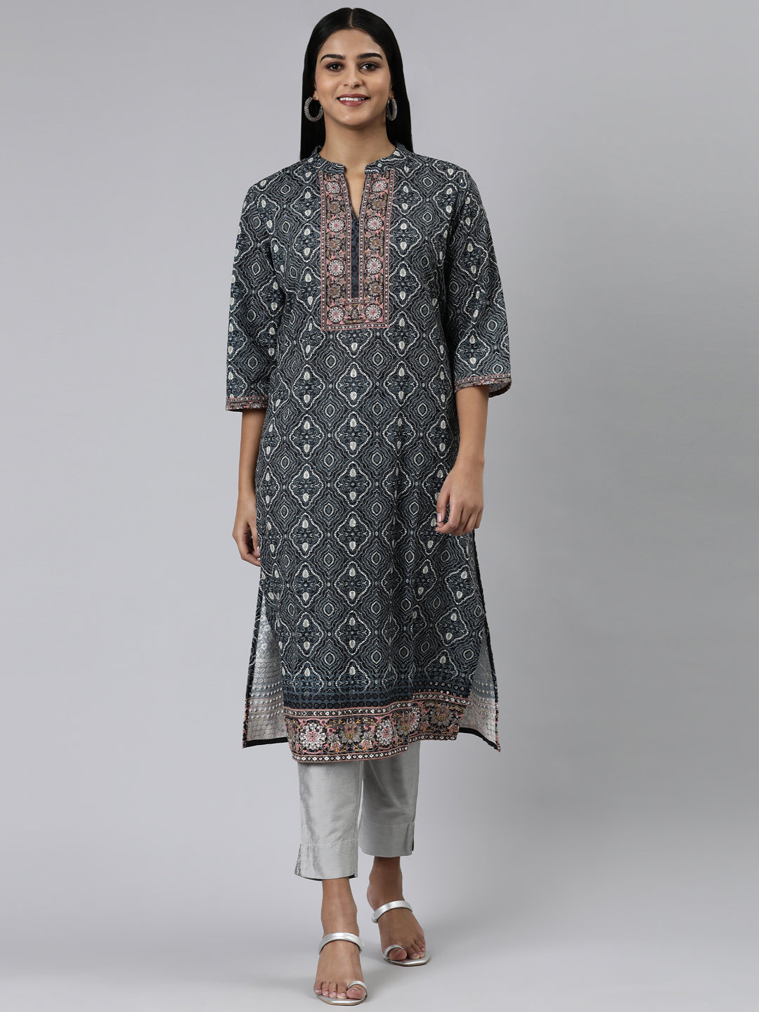 Neerus Olive Straight Printed Chiffon Kurtas