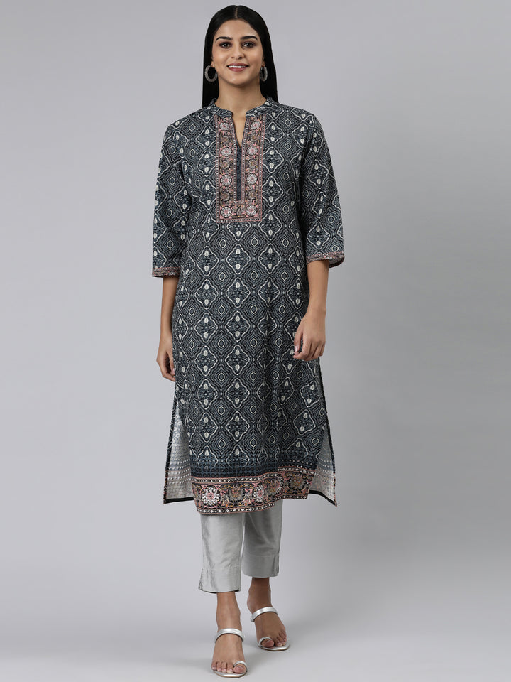 Neerus Olive Straight Printed Chiffon Kurtas