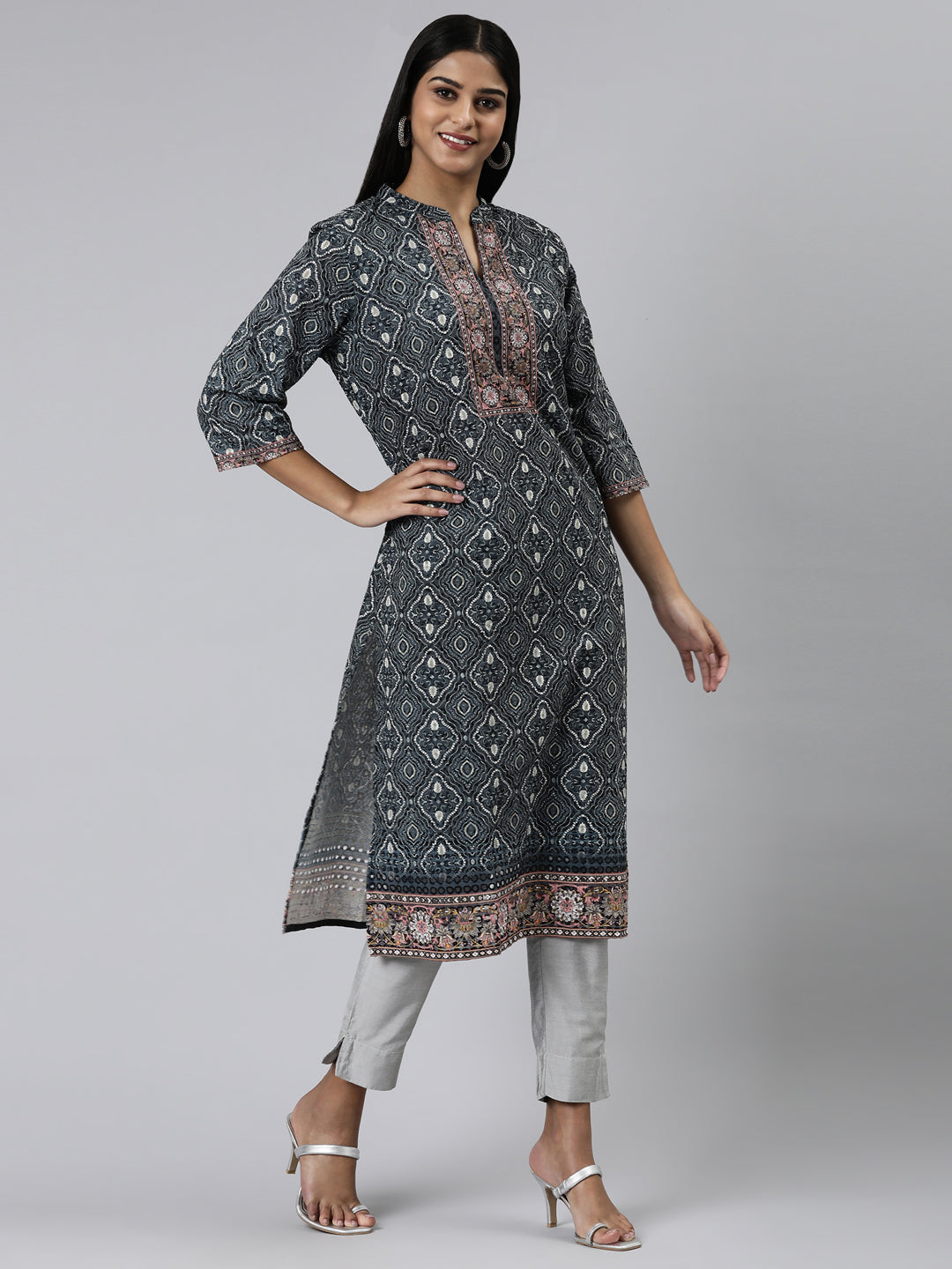 Neerus Olive Straight Printed Chiffon Kurtas