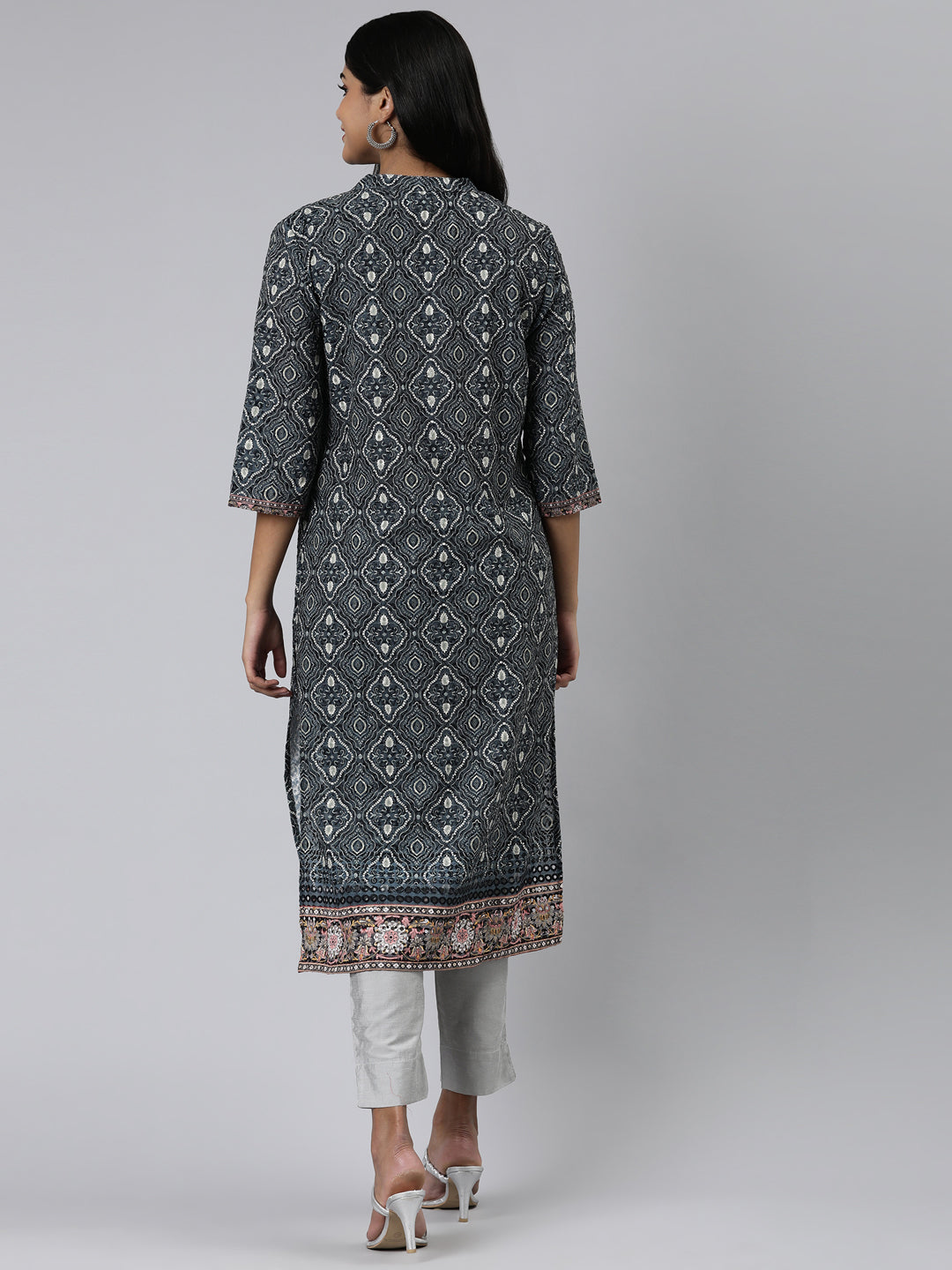 Neerus Olive Straight Printed Chiffon Kurtas