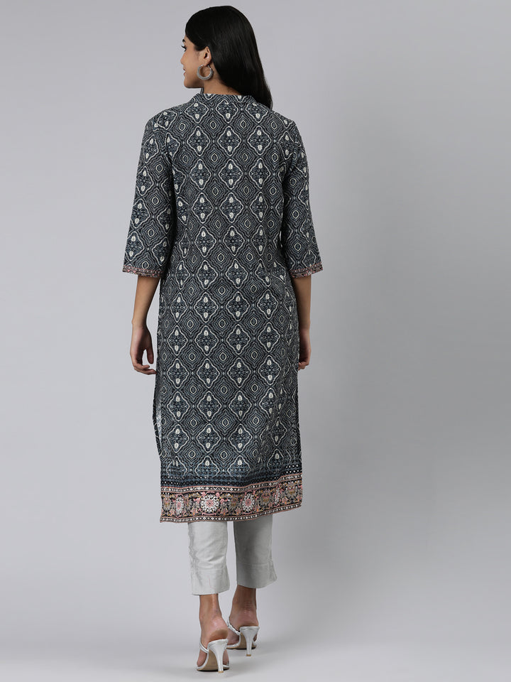 Neerus Olive Straight Printed Chiffon Kurtas