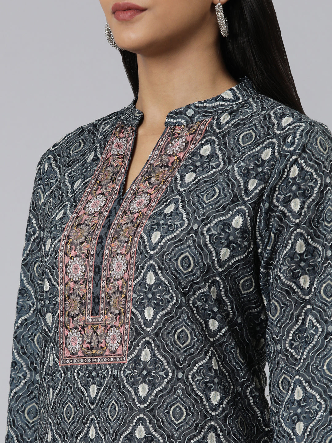Neerus Olive Straight Printed Chiffon Kurtas