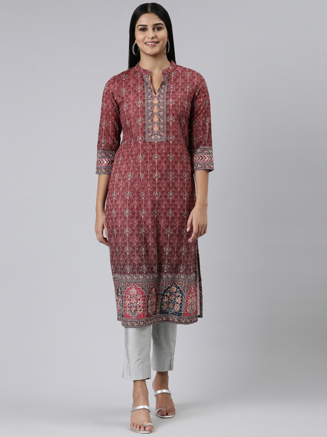 Neerus Burgundy Straight Printed Chiffon Kurtas