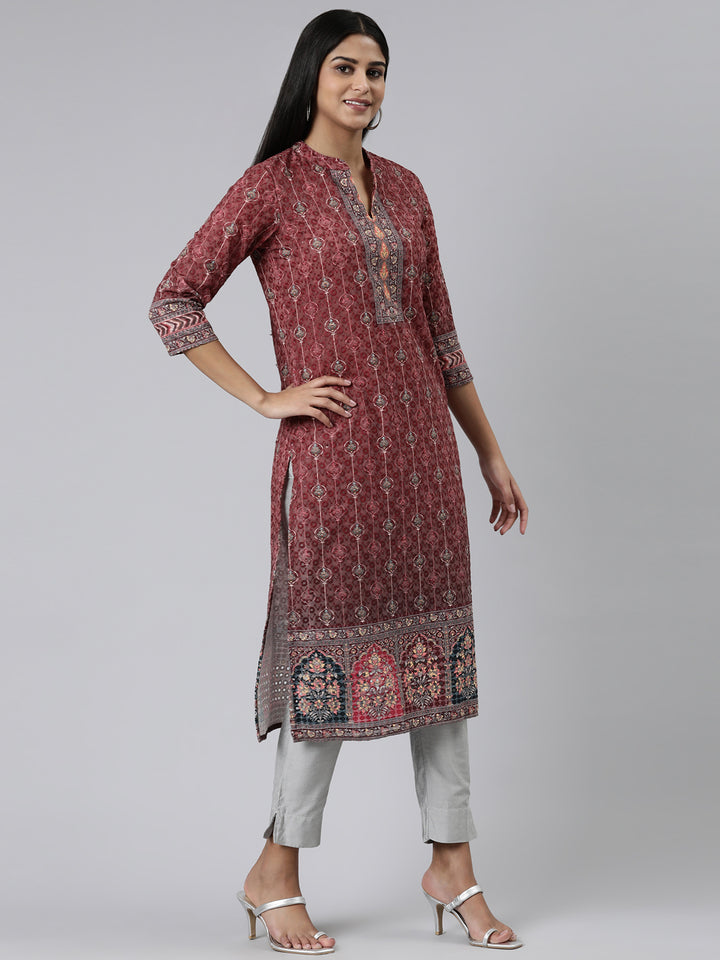 Neerus Burgundy Straight Printed Chiffon Kurtas