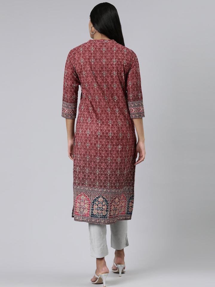 Neerus Burgundy Straight Printed Chiffon Kurtas