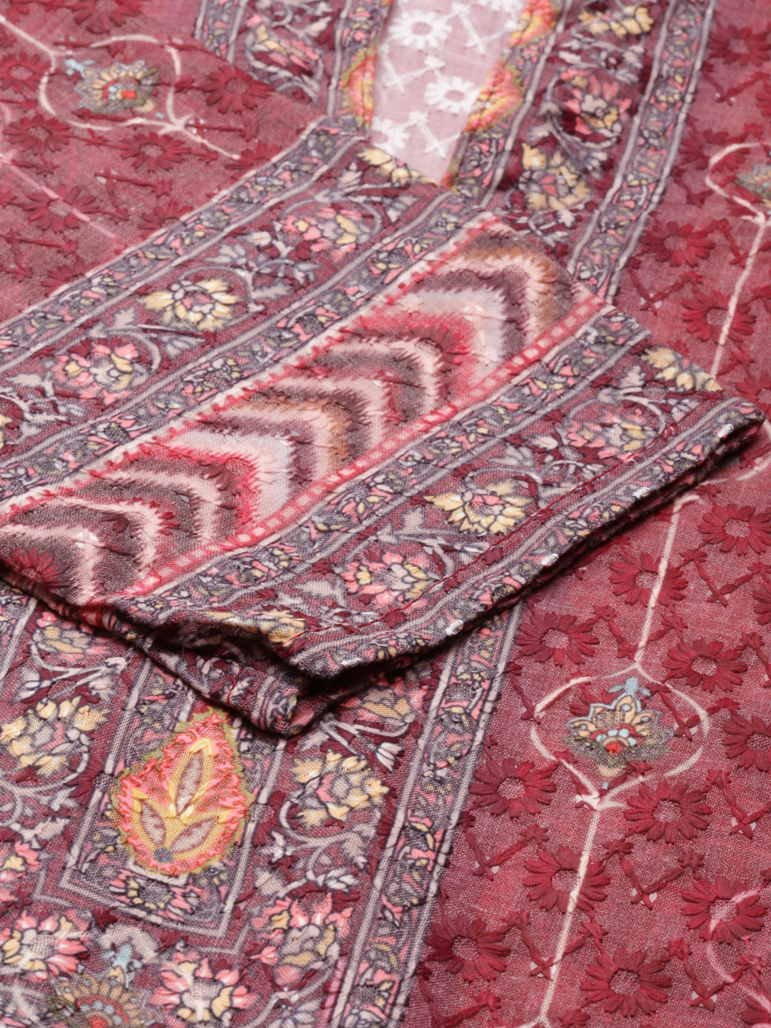 Neerus Burgundy Straight Printed Chiffon Kurtas