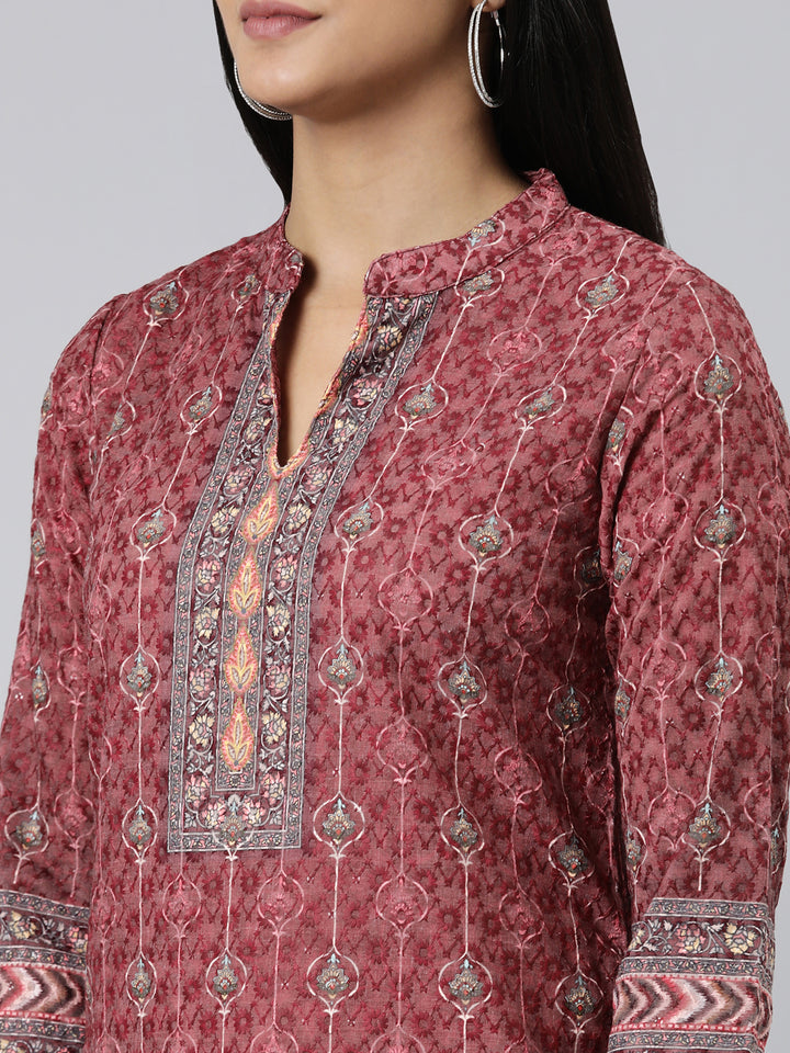 Neerus Burgundy Straight Printed Chiffon Kurtas