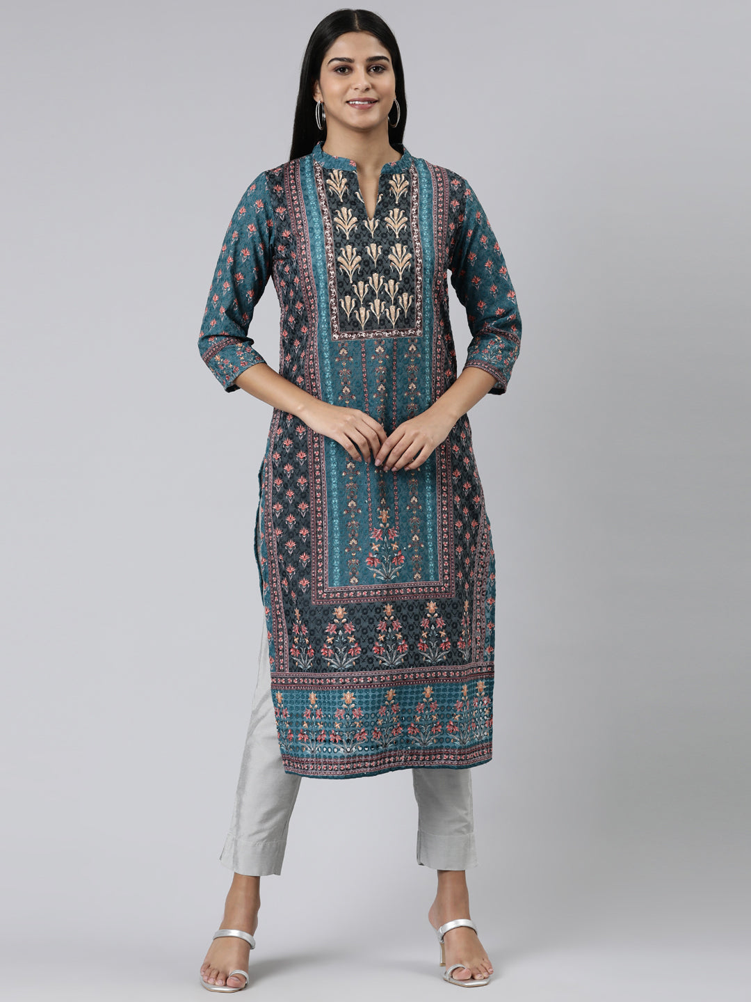 Neerus Green chiffon printed straight kurti - front view