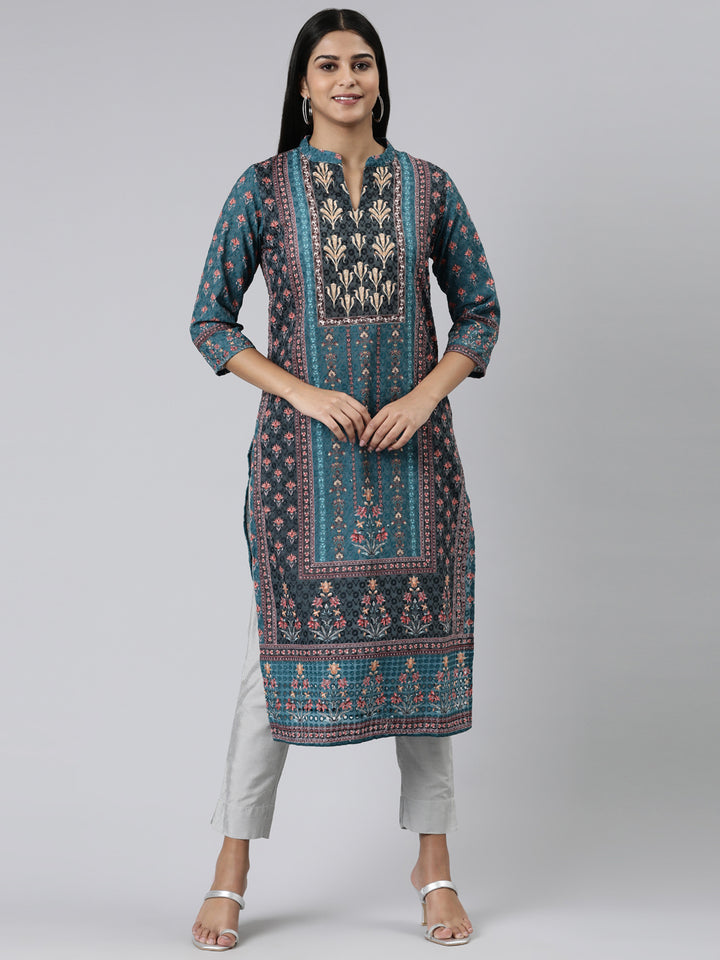 Neerus Green chiffon printed straight kurti - front view