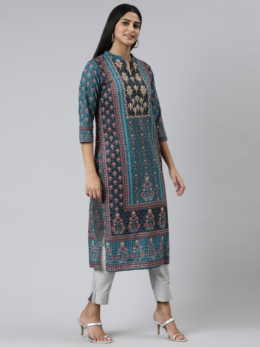 Neerus Green chiffon printed straight kurti - back view