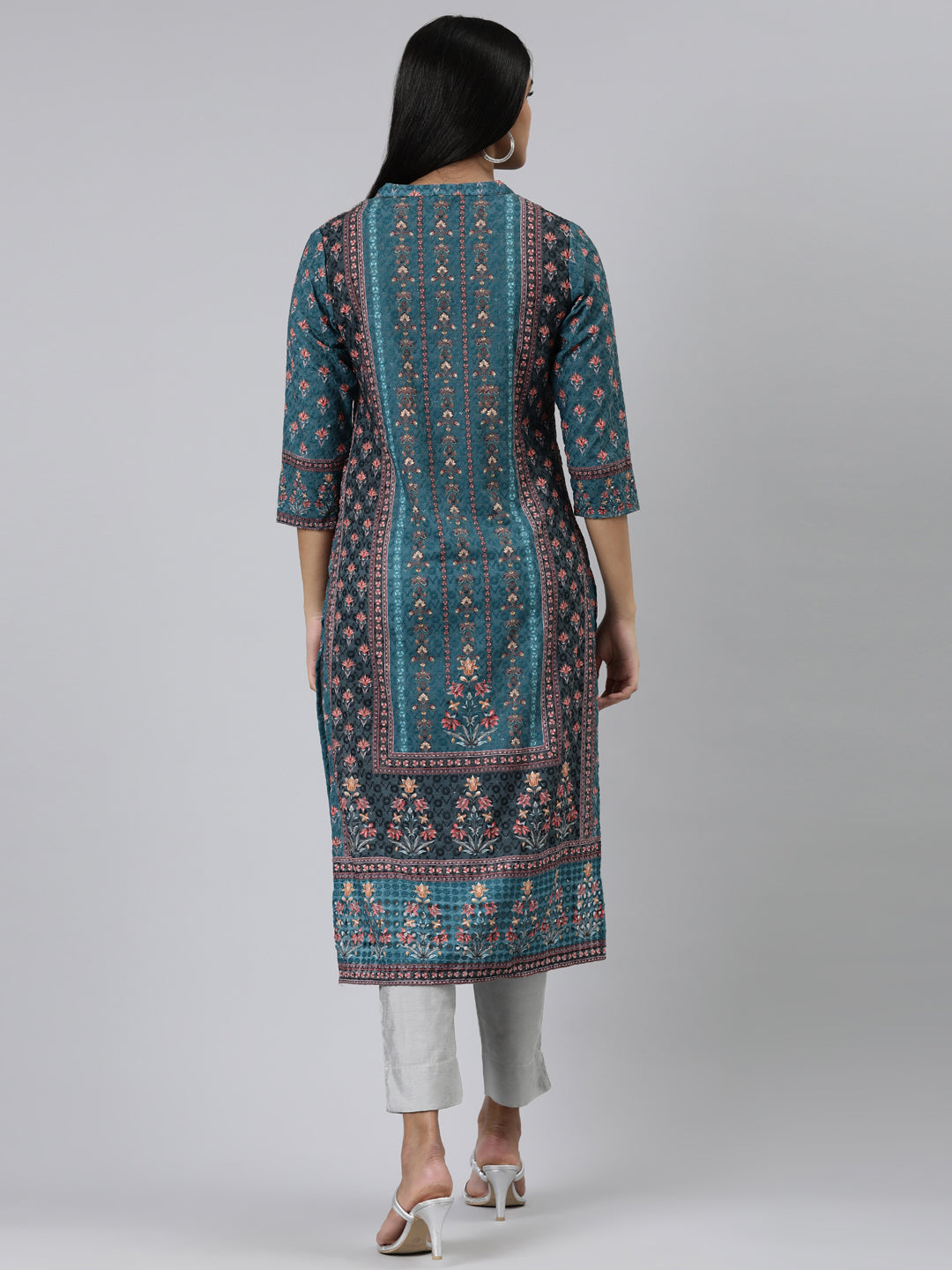 Neerus Green chiffon printed straight kurti - side view