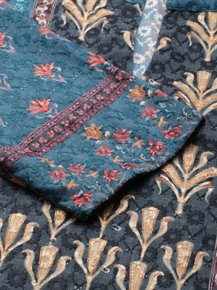 Neerus Green chiffon printed straight kurti - detail view 1