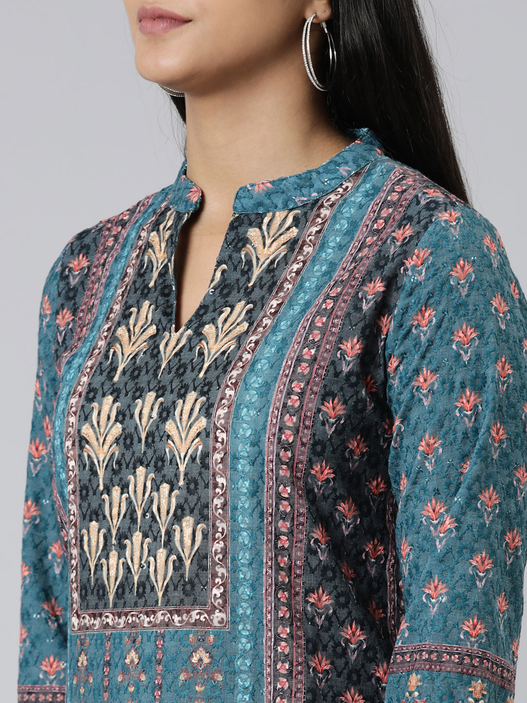 Neerus Green chiffon printed straight kurti - detail view 2