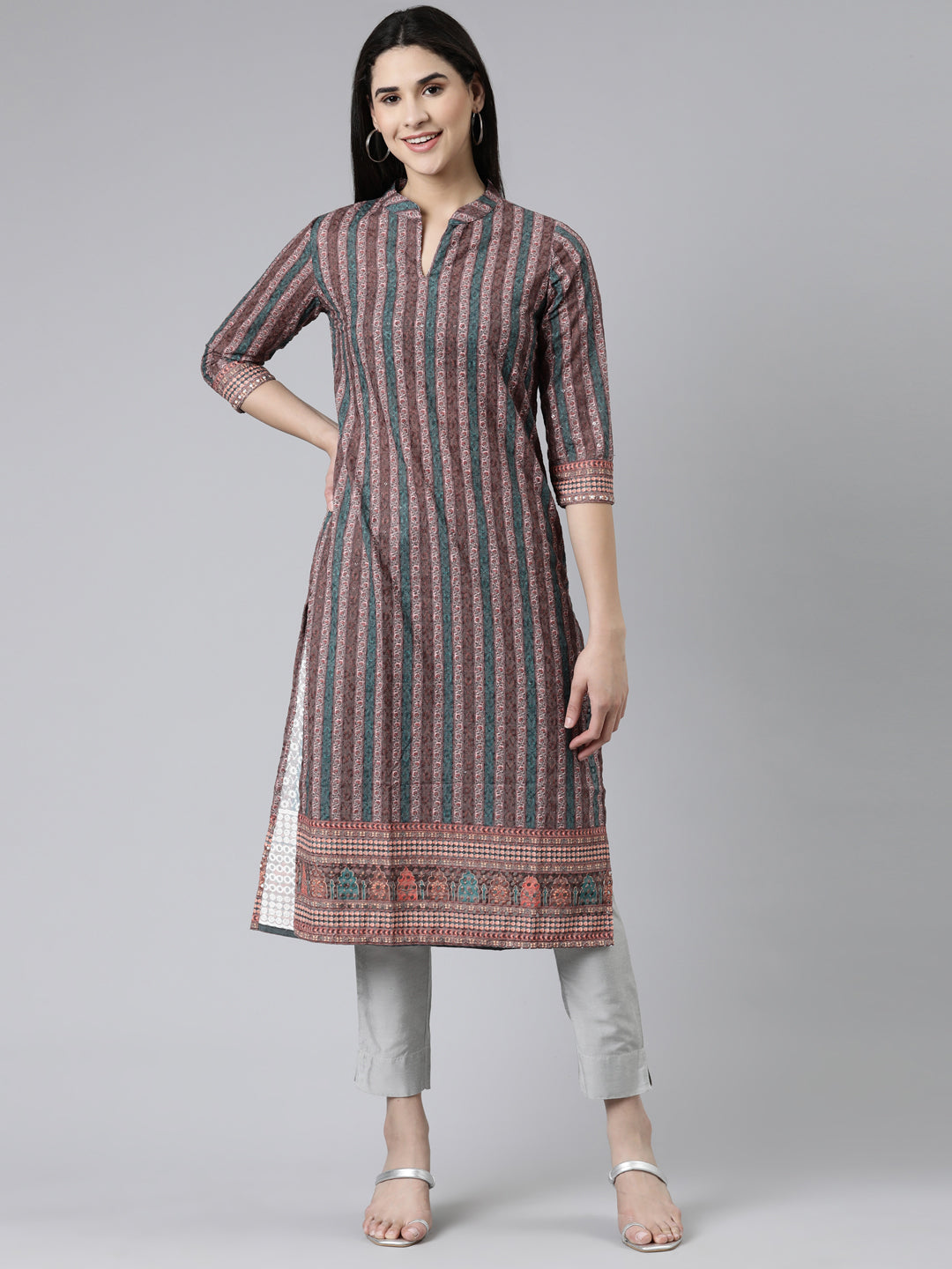 Neeru's Brown Straight Embroidered Cotton Kurtas