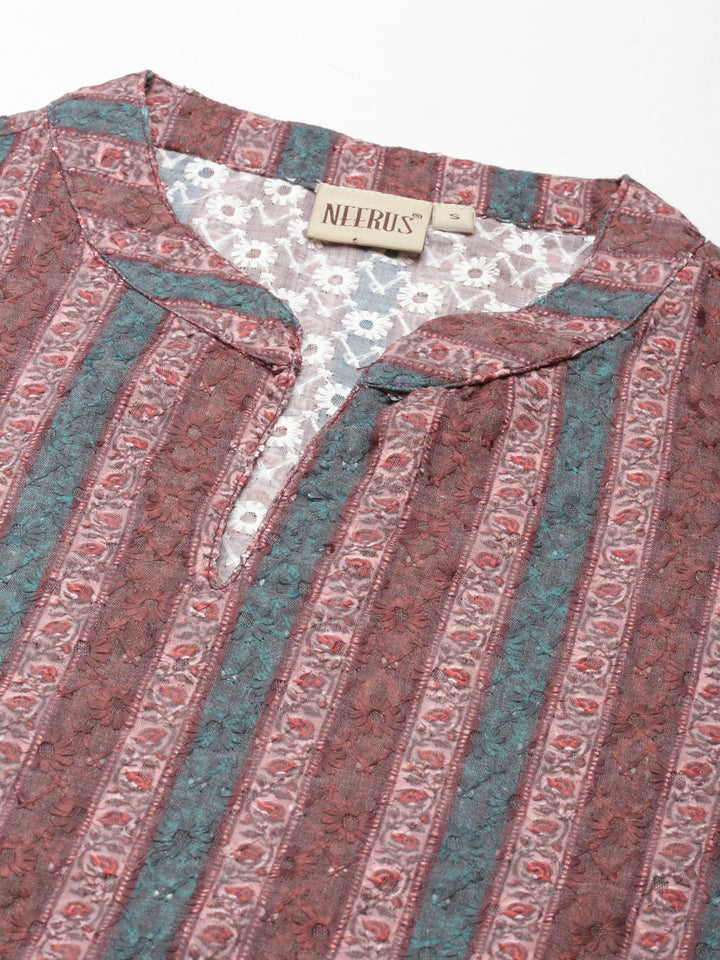 Neerus Brown Straight Embroidered Cotton Kurta